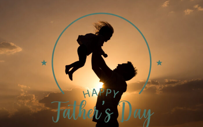 Father and daughter sunset silhouette with Father's Day lettering